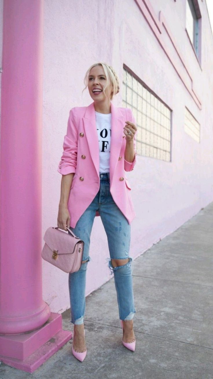 Pink Blazer with Ripped Jeans and Pink Heels